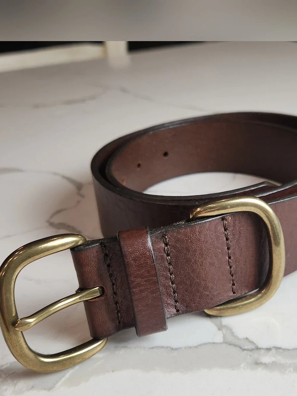 Men's Genuine Leather Casual Belt, Dark Brown with Brass Hardware, Size M USA